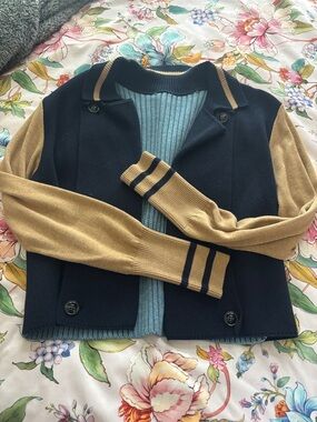Navy and Camel Contrast Knit Jacket - Women's Casual Bomber